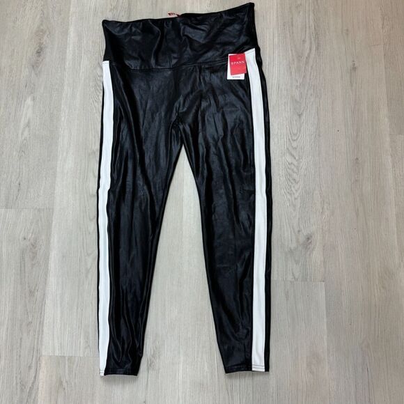 Spanx Faux Leather Leggings Track Stripe Size 3X Black Skinny High Rise 20187P - Picture 1 of 4